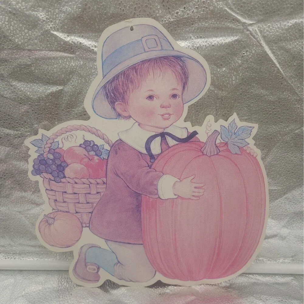 Die Cut Thanksgiving 2 Pilgrim Children VINTAGE Hanging Decoration Amscan 70s